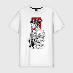 Мужская футболка хлопок Slim с принтом Шибари в Новосибирске, 92% хлопок, 8% лайкра | приталенный силуэт, круглый вырез ворота, длина до линии бедра, короткий рукав | арт | верёвка | девушка | кимано | рисунок | связывание | черно белый | чёрно белый рисунок | шибаре