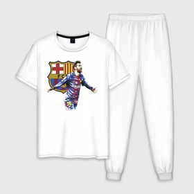 Мужская пижама хлопок с принтом Lionel Messi Barcelona в Тюмени, 100% хлопок | брюки и футболка прямого кроя, без карманов, на брюках мягкая резинка на поясе и по низу штанин
 | barcelona | forward | lionel messi | star | барселона | звезда | лионель месси | форвард