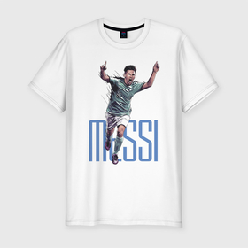Мужская футболка хлопок Slim с принтом Lionel Messi в Белгороде, 92% хлопок, 8% лайкра | приталенный силуэт, круглый вырез ворота, длина до линии бедра, короткий рукав | barcelona | forward | lionel messi | star | барселона | звезда | лионель месси | форвард