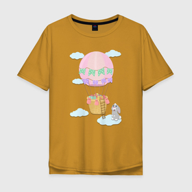 Мужская футболка хлопок Oversize с принтом кролик и воздушный шар в Санкт-Петербурге, 100% хлопок | свободный крой, круглый ворот, “спинка” длиннее передней части | воздушный шар | детская иллюстрация | зайчик | зеленый | коробка | кролик | небо | облако | подарки | розовый | сюрприз
