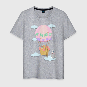 Мужская футболка хлопок с принтом кролик и воздушный шар в Петрозаводске, 100% хлопок | прямой крой, круглый вырез горловины, длина до линии бедер, слегка спущенное плечо. | воздушный шар | детская иллюстрация | зайчик | зеленый | коробка | кролик | небо | облако | подарки | розовый | сюрприз