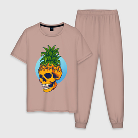 Мужская пижама хлопок с принтом Череп - ананас в Тюмени, 100% хлопок | брюки и футболка прямого кроя, без карманов, на брюках мягкая резинка на поясе и по низу штанин
 | ананас | прикол | прикольные | фрукт | череп