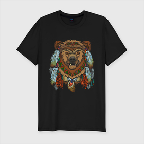 Мужская футболка хлопок Slim с принтом Славянский медведь в Тюмени, 92% хлопок, 8% лайкра | приталенный силуэт, круглый вырез ворота, длина до линии бедра, короткий рукав | animal | art | bear | beast | slavic symbols | арт | животное | зверь | медведь | славянская символика