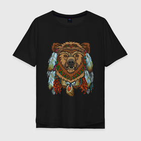 Мужская футболка хлопок Oversize с принтом Славянский медведь в Екатеринбурге, 100% хлопок | свободный крой, круглый ворот, “спинка” длиннее передней части | animal | art | bear | beast | slavic symbols | арт | животное | зверь | медведь | славянская символика