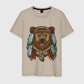 Мужская футболка хлопок с принтом Славянский медведь в Санкт-Петербурге, 100% хлопок | прямой крой, круглый вырез горловины, длина до линии бедер, слегка спущенное плечо. | animal | art | bear | beast | slavic symbols | арт | животное | зверь | медведь | славянская символика