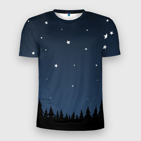 Мужская футболка 3D Slim с принтом Ночное небо в Белгороде, 100% полиэстер с улучшенными характеристиками | приталенный силуэт, круглая горловина, широкие плечи, сужается к линии бедра | дерево | деревья | ель | звезда | звёздное небо | звёзды | космос | лес | небо | ночное небо | ночной | ночь | прикольный | простой | рисунок | сосна | таинственный | темнота | темный