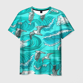Мужская футболка 3D с принтом Чайки в море в Санкт-Петербурге, 100% полиэфир | прямой крой, круглый вырез горловины, длина до линии бедер | волны | море | морские | птицы | чайка | чайки