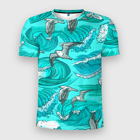 Мужская футболка 3D спортивная с принтом Чайки в море в Белгороде, 100% полиэстер с улучшенными характеристиками | приталенный силуэт, круглая горловина, широкие плечи, сужается к линии бедра | волны | море | морские | птицы | чайка | чайки