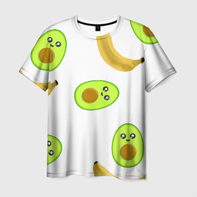 Мужская футболка 3D с принтом Банан и Авокадо  в Кировске, 100% полиэфир | прямой крой, круглый вырез горловины, длина до линии бедер | авокадо | банан | витамины | вкусный | глаза | деликатес | десерт | диета | еда | жёлтый | кожура | косточка | лицо | меню | модный | мякоть | плод | прикол | рот | сладкий | смешной | смузи | сочный