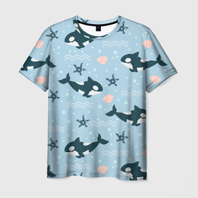 Мужская футболка 3D с принтом Косатки киты в Тюмени, 100% полиэфир | прямой крой, круглый вырез горловины, длина до линии бедер | whale | касатка | кит | киты | косатка | косатки | морские | паттерн