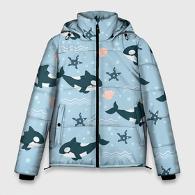 Мужская зимняя куртка 3D с принтом Косатки киты в Петрозаводске, верх — 100% полиэстер; подкладка — 100% полиэстер; утеплитель — 100% полиэстер | длина ниже бедра, свободный силуэт Оверсайз. Есть воротник-стойка, отстегивающийся капюшон и ветрозащитная планка. 

Боковые карманы с листочкой на кнопках и внутренний карман на молнии. | Тематика изображения на принте: whale | касатка | кит | киты | косатка | косатки | морские | паттерн