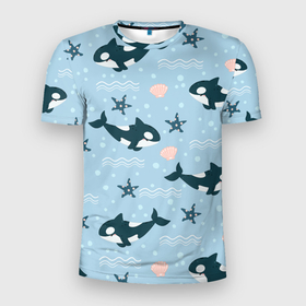 Мужская футболка 3D спортивная с принтом Косатки киты в Новосибирске, 100% полиэстер с улучшенными характеристиками | приталенный силуэт, круглая горловина, широкие плечи, сужается к линии бедра | whale | касатка | кит | киты | косатка | косатки | морские | паттерн