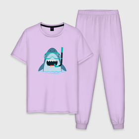 Мужская пижама хлопок с принтом Акула дайвер в Тюмени, 100% хлопок | брюки и футболка прямого кроя, без карманов, на брюках мягкая резинка на поясе и по низу штанин
 | shark | акула | акулы | жители | клыки | море | морские | океан | рыба
