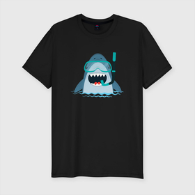 Мужская футболка хлопок Slim с принтом Акула дайвер в Тюмени, 92% хлопок, 8% лайкра | приталенный силуэт, круглый вырез ворота, длина до линии бедра, короткий рукав | shark | акула | акулы | жители | клыки | море | морские | океан | рыба