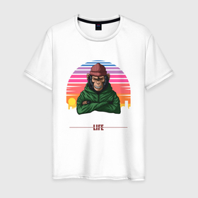 Мужская футболка хлопок с принтом Обезьяна Urban life в Курске, 100% хлопок | прямой крой, круглый вырез горловины, длина до линии бедер, слегка спущенное плечо. | monkey | urban | животное | обезьяна | обезьяны