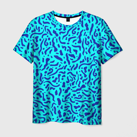Мужская футболка 3D с принтом Неоновые синие узоры в Курске, 100% полиэфир | прямой крой, круглый вырез горловины, длина до линии бедер | abstract | blue | neon | sea | абстракционизм | абстракция | африканские | вода | волны | голубые узоры | камуфляж | лагуна | линии | мелкий узор | мемфис | море | морское | неоновый | орнамент | пятна | пятнистый