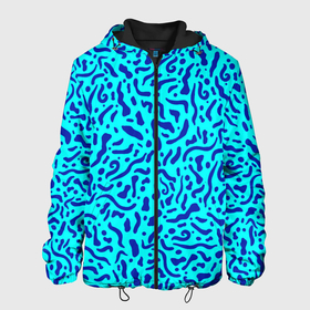 Мужская куртка 3D с принтом Неоновые синие узоры в Новосибирске, ткань верха — 100% полиэстер, подклад — флис | прямой крой, подол и капюшон оформлены резинкой с фиксаторами, два кармана без застежек по бокам, один большой потайной карман на груди. Карман на груди застегивается на липучку | abstract | blue | neon | sea | абстракционизм | абстракция | африканские | вода | волны | голубые узоры | камуфляж | лагуна | линии | мелкий узор | мемфис | море | морское | неоновый | орнамент | пятна | пятнистый