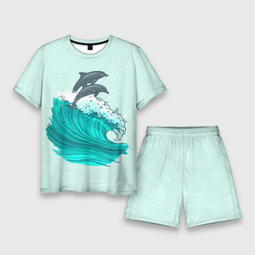 Мужской костюм с шортами 3D с принтом Два дельфина в Санкт-Петербурге,  |  | dolphin | волна | два дельфина | дельфин | дельфины | море | морские | на голубом | с дельфином