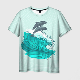 Мужская футболка 3D с принтом Два дельфина в Екатеринбурге, 100% полиэфир | прямой крой, круглый вырез горловины, длина до линии бедер | Тематика изображения на принте: dolphin | волна | два дельфина | дельфин | дельфины | море | морские | на голубом | с дельфином