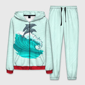 Мужской костюм 3D с принтом Два дельфина в Санкт-Петербурге, 100% полиэстер | Манжеты и пояс оформлены тканевой резинкой, двухслойный капюшон со шнурком для регулировки, карманы спереди | dolphin | волна | два дельфина | дельфин | дельфины | море | морские | на голубом | с дельфином