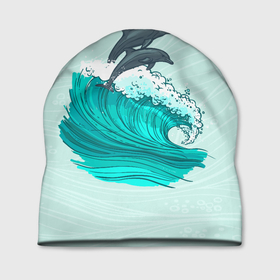 Шапка 3D с принтом Два дельфина в Тюмени, 100% полиэстер | универсальный размер, печать по всей поверхности изделия | dolphin | волна | два дельфина | дельфин | дельфины | море | морские | на голубом | с дельфином