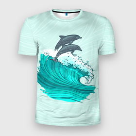 Мужская футболка 3D спортивная с принтом Два дельфина в Екатеринбурге, 100% полиэстер с улучшенными характеристиками | приталенный силуэт, круглая горловина, широкие плечи, сужается к линии бедра | Тематика изображения на принте: dolphin | волна | два дельфина | дельфин | дельфины | море | морские | на голубом | с дельфином