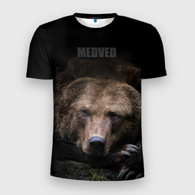 Мужская футболка 3D спортивная с принтом Русский MEDVED в Петрозаводске, 100% полиэстер с улучшенными характеристиками | приталенный силуэт, круглая горловина, широкие плечи, сужается к линии бедра | животные | звери | медведь | природа | русский медведь | черный
