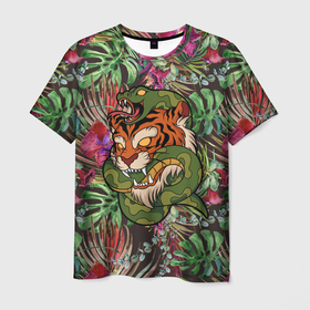 Мужская футболка 3D с принтом Тигр кусает змею в Курске, 100% полиэфир | прямой крой, круглый вырез горловины, длина до линии бедер | битва | змея | кобра | тигр | хищники | яд