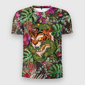 Мужская футболка 3D спортивная с принтом Тигр кусает змею , 100% полиэстер с улучшенными характеристиками | приталенный силуэт, круглая горловина, широкие плечи, сужается к линии бедра | Тематика изображения на принте: битва | змея | кобра | тигр | хищники | яд