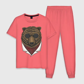 Мужская пижама хлопок с принтом Gang Bear в Тюмени, 100% хлопок | брюки и футболка прямого кроя, без карманов, на брюках мягкая резинка на поясе и по низу штанин
 | иллюстрация | косолапый | крутой | мафия | мишка