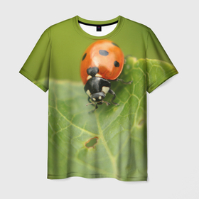 Мужская футболка 3D с принтом Божья коровка в Санкт-Петербурге, 100% полиэфир | прямой крой, круглый вырез горловины, длина до линии бедер | Тематика изображения на принте: божья | жук | жуки | жучки | жучок | зелень | коровка | лист | листок | листья | насекомое | насекомые | природа | пятнистые | пятнистый | растение | растения | фауна | флора