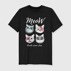 Мужская футболка хлопок Slim с принтом РОК КОТЫ в Новосибирске, 92% хлопок, 8% лайкра | приталенный силуэт, круглый вырез ворота, длина до линии бедра, короткий рукав | and | cat | cats | cute | funny | heavy | kitten | kitty | meow | metal | music | n | pet | rock | roll | star | кот | котик | коты | кошка | кошки | крутой | музыка | рок
