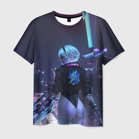 Мужская футболка 3D с принтом Nier X Cyberpunk в Санкт-Петербурге, 100% полиэфир | прямой крой, круглый вырез горловины, длина до линии бедер | automata | cyberpunk | game | nier | robots | yorha | андроид | аниме | воин | девушка | игра | киберпанк | неон | нир | робот | самурай | экшн