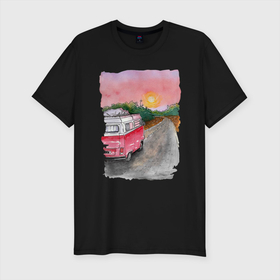 Мужская футболка хлопок Slim с принтом Дорога в Тюмени, 92% хлопок, 8% лайкра | приталенный силуэт, круглый вырез ворота, длина до линии бедра, короткий рукав | акварель | дорога | закат | красивая картинка | лето | машина | природа