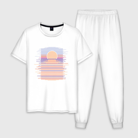 Мужская пижама хлопок с принтом Абстрактный ретро закат в Белгороде, 100% хлопок | брюки и футболка прямого кроя, без карманов, на брюках мягкая резинка на поясе и по низу штанин
 | abstract | abstraction | beach | geometric | geometry | lines | minimal | minimalism | mirror | ocean | retro sunsen | sea | vintage | блик | блики | винтаж | геометрическая абстракция | геометрический рисунок | геометрия | зеркало | линии | минимализм | 