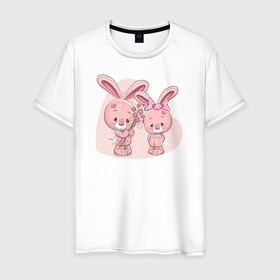 Мужская футболка хлопок с принтом Банни и подруга в Курске, 100% хлопок | прямой крой, круглый вырез горловины, длина до линии бедер, слегка спущенное плечо. | банни | заяц | иллюстрация | кролик | милаха