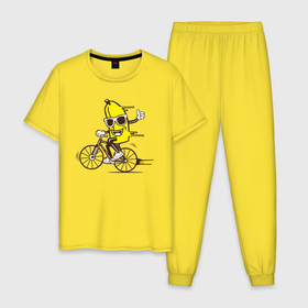 Мужская пижама хлопок с принтом Банан на велосипеде в Санкт-Петербурге, 100% хлопок | брюки и футболка прямого кроя, без карманов, на брюках мягкая резинка на поясе и по низу штанин
 | Тематика изображения на принте: байк | банан | бананчик | велик | велосипед | живой банан | спорт