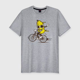 Мужская футболка хлопок Slim с принтом Банан на велосипеде в Санкт-Петербурге, 92% хлопок, 8% лайкра | приталенный силуэт, круглый вырез ворота, длина до линии бедра, короткий рукав | байк | банан | бананчик | велик | велосипед | живой банан | спорт