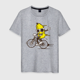 Мужская футболка хлопок с принтом Банан на велосипеде в Санкт-Петербурге, 100% хлопок | прямой крой, круглый вырез горловины, длина до линии бедер, слегка спущенное плечо. | Тематика изображения на принте: байк | банан | бананчик | велик | велосипед | живой банан | спорт