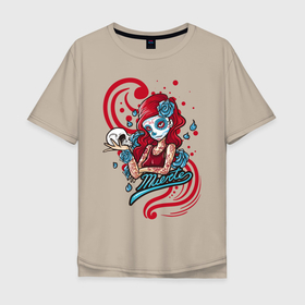 Мужская футболка хлопок Oversize с принтом Санта Муэрте в Белгороде, 100% хлопок | свободный крой, круглый ворот, “спинка” длиннее передней части | Тематика изображения на принте: девушка | иллюстрация | муэрте | череп