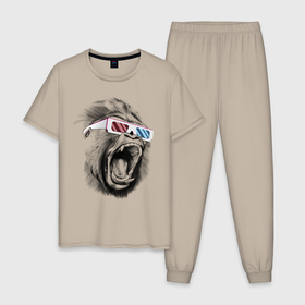 Мужская пижама хлопок с принтом Дикая горилла в Новосибирске, 100% хлопок | брюки и футболка прямого кроя, без карманов, на брюках мягкая резинка на поясе и по низу штанин
 | Тематика изображения на принте: горилла | дикий | иллюстрация | конг | очки