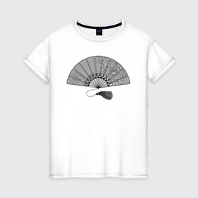 Женская футболка хлопок с принтом Японский веер , 100% хлопок | прямой крой, круглый вырез горловины, длина до линии бедер, слегка спущенное плечо | веер | георгины | графика | кисточка | пионы | хризантемы | цветы | чёрно белый