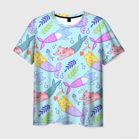 Мужская футболка 3D с принтом КОТЫ РУСАЛКИ в Тюмени, 100% полиэфир | прямой крой, круглый вырез горловины, длина до линии бедер | Тематика изображения на принте: cat | кот | котики | коты | кошка | русал | русалка