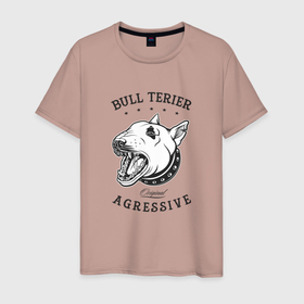 Мужская футболка хлопок с принтом Агрессивный бультерьер в Екатеринбурге, 100% хлопок | прямой крой, круглый вырез горловины, длина до линии бедер, слегка спущенное плечо. | cute | dog | woof | гав | забавный | кости | пес | собака