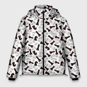 Мужская зимняя куртка 3D с принтом Шахматные Фигуры в Тюмени, верх — 100% полиэстер; подкладка — 100% полиэстер; утеплитель — 100% полиэстер | длина ниже бедра, свободный силуэт Оверсайз. Есть воротник-стойка, отстегивающийся капюшон и ветрозащитная планка. 

Боковые карманы с листочкой на кнопках и внутренний карман на молнии. | Тематика изображения на принте: игра | король | ладья | математика | пешка | ферзь | чёрно белые | шах и мат | шахматист | шахматная доска | шахматы