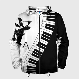 Мужская ветровка 3D с принтом Черно Белое пианино , 100% полиэстер | подол и капюшон оформлены резинкой с фиксаторами, два кармана без застежек по бокам, один потайной карман на груди | барабаны | музыка | пианино | черно белое