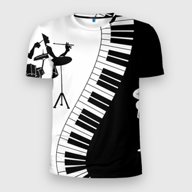 Мужская футболка 3D Slim с принтом Черно Белое пианино в Петрозаводске, 100% полиэстер с улучшенными характеристиками | приталенный силуэт, круглая горловина, широкие плечи, сужается к линии бедра | барабаны | музыка | пианино | черно белое