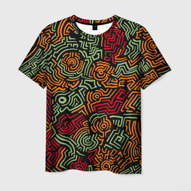 Мужская футболка 3D с принтом абстрактный узор линии в Екатеринбурге, 100% полиэфир | прямой крой, круглый вырез горловины, длина до линии бедер | абстракция | круги | линии | рисунок | узор | футуризм | цвет