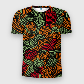 Мужская футболка 3D Slim с принтом абстрактный узор линии в Тюмени, 100% полиэстер с улучшенными характеристиками | приталенный силуэт, круглая горловина, широкие плечи, сужается к линии бедра | абстракция | круги | линии | рисунок | узор | футуризм | цвет