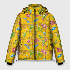Мужская зимняя куртка 3D с принтом Конфеты в Новосибирске, верх — 100% полиэстер; подкладка — 100% полиэстер; утеплитель — 100% полиэстер | длина ниже бедра, свободный силуэт Оверсайз. Есть воротник-стойка, отстегивающийся капюшон и ветрозащитная планка. 

Боковые карманы с листочкой на кнопках и внутренний карман на молнии. | background | candy | lollipops | pattern | texture | конфеты | леденцы | паттерн | текстура | фон